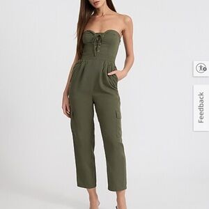 Express Olive Strapless Cargo Jumpsuit with Lace-Up Front